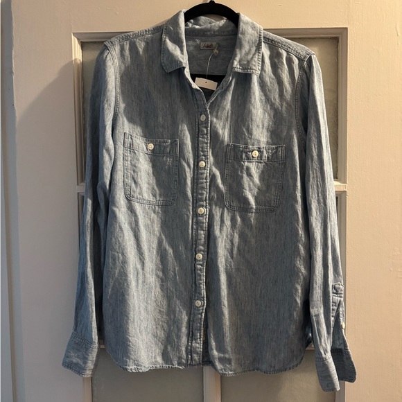 NEW Faherty Chambray Woven Spread Collar Long Sleeve Button Front Shirt - Picture 6 of 9